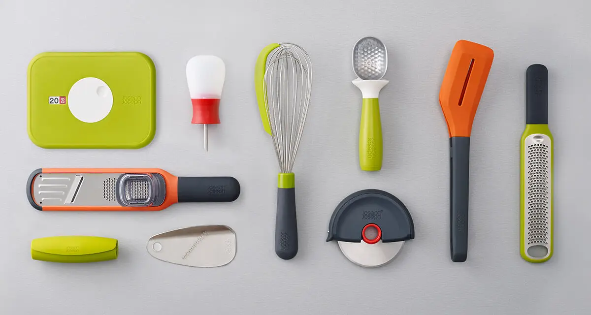 Assorted kitchen utensils showcasing plastic over molding applications