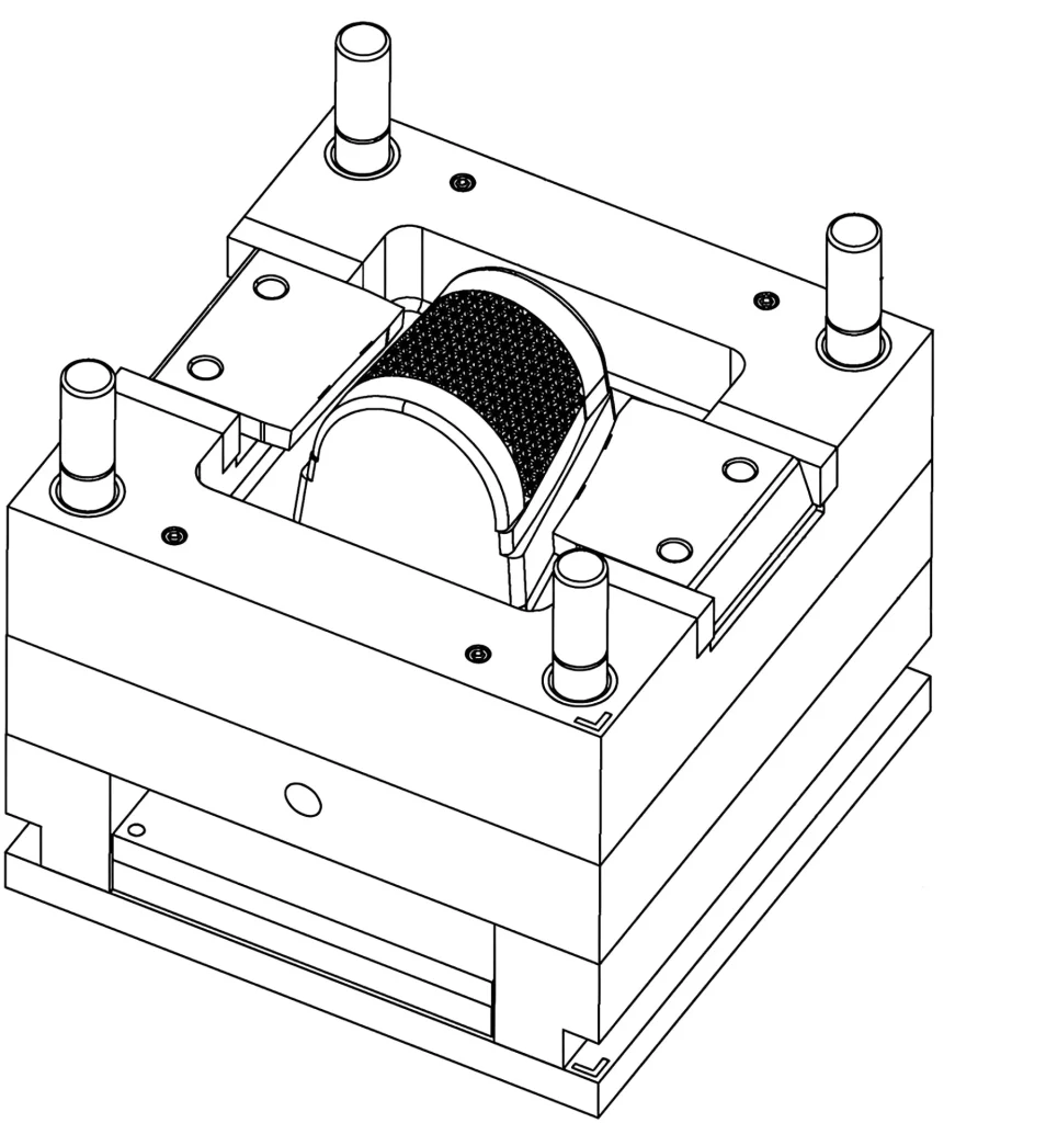 Mechanical unscrewing mold illustration with labeled parts Mechanical unscrewing mold illustration with labeled parts