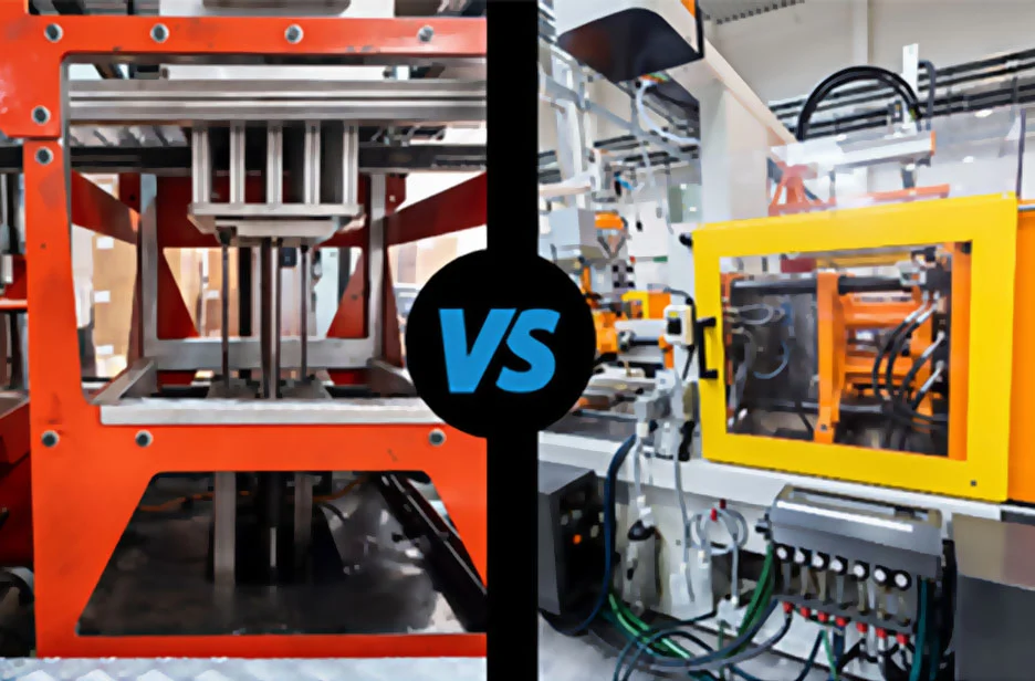 Side by side images of thermoforming and injection molding machines Side by side images of thermoforming and injection molding machines