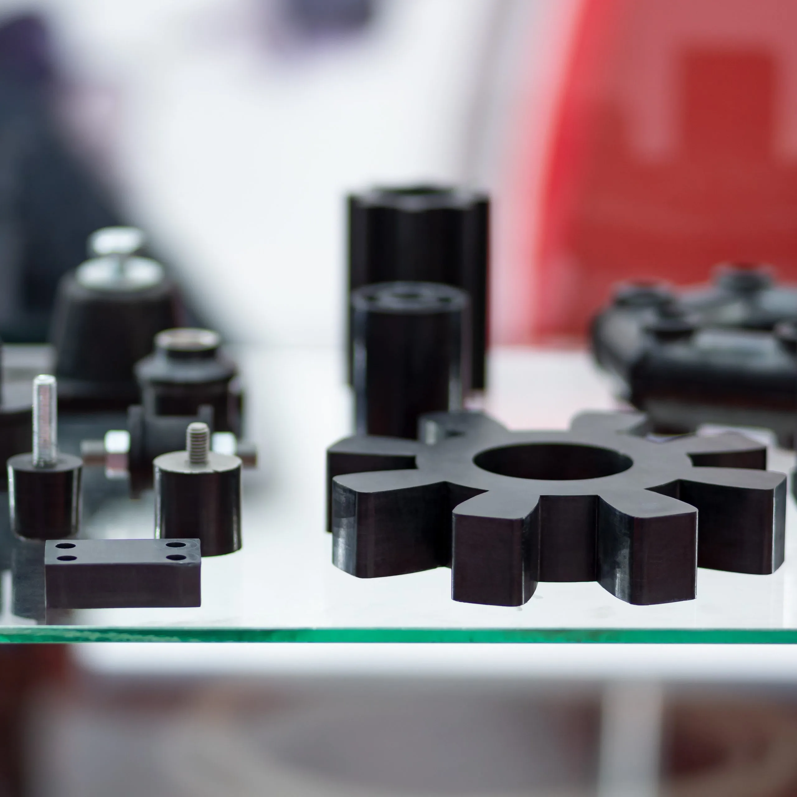 Various black plastic components arranged for molding Various black plastic components arranged for molding